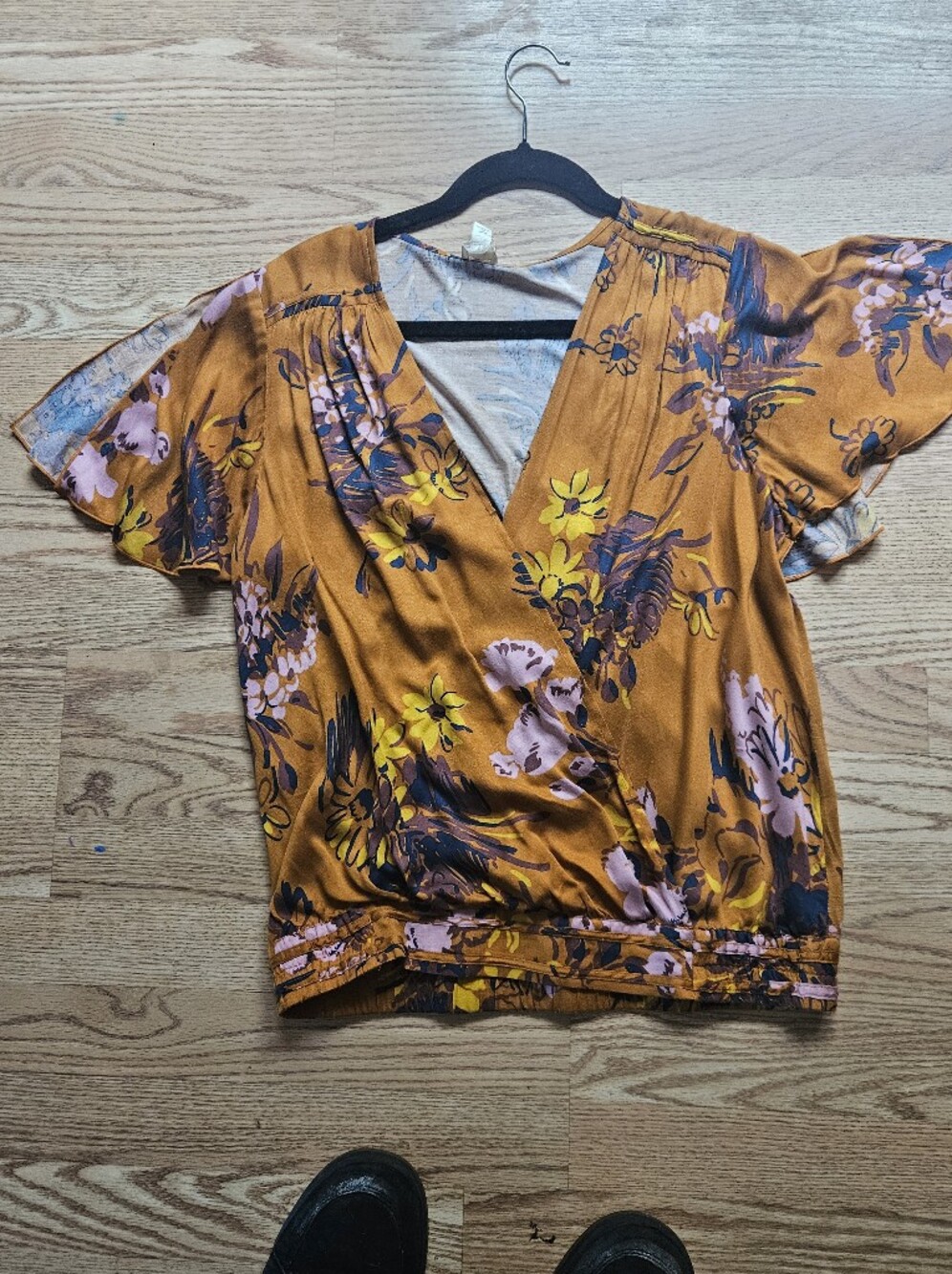 Mustard Floral Blouse From Anthopology Brand with Pink & Yellow Blooms